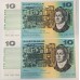 AUSTRALIA 1991 . TEN 10 DOLLARS BANKNOTES . FRASER/COLE . CONSEC PAIR . LAST PREFIX MRR AUSTRALIA 1991 . TEN 10 DOLLARS BANKNOTES . FRASER/COLE . CONSEC PAIR . LAST PREFIX MRR